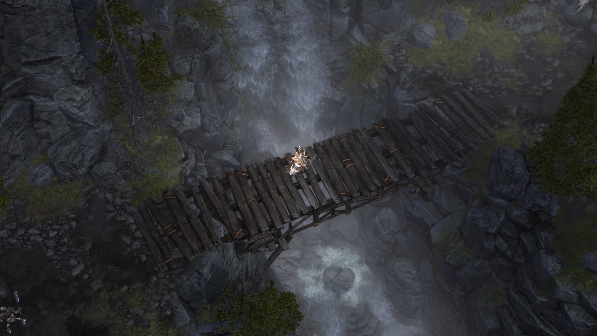A character on a wooden bridge above a waterfall in Fangs of Asterkarn.