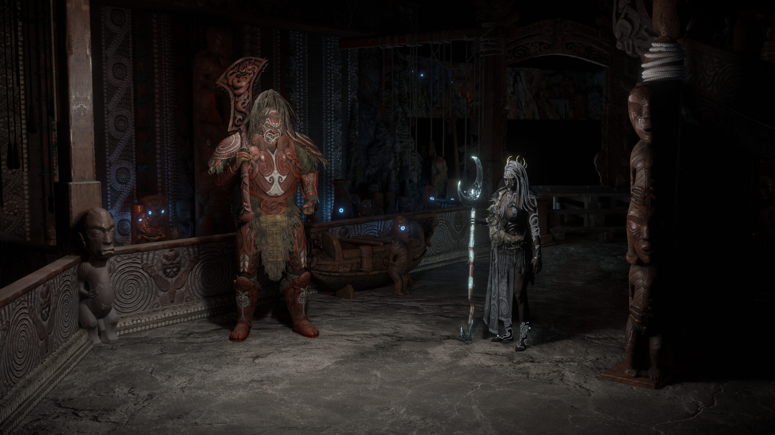 Two characters standing among carved statues in Path of Exile
