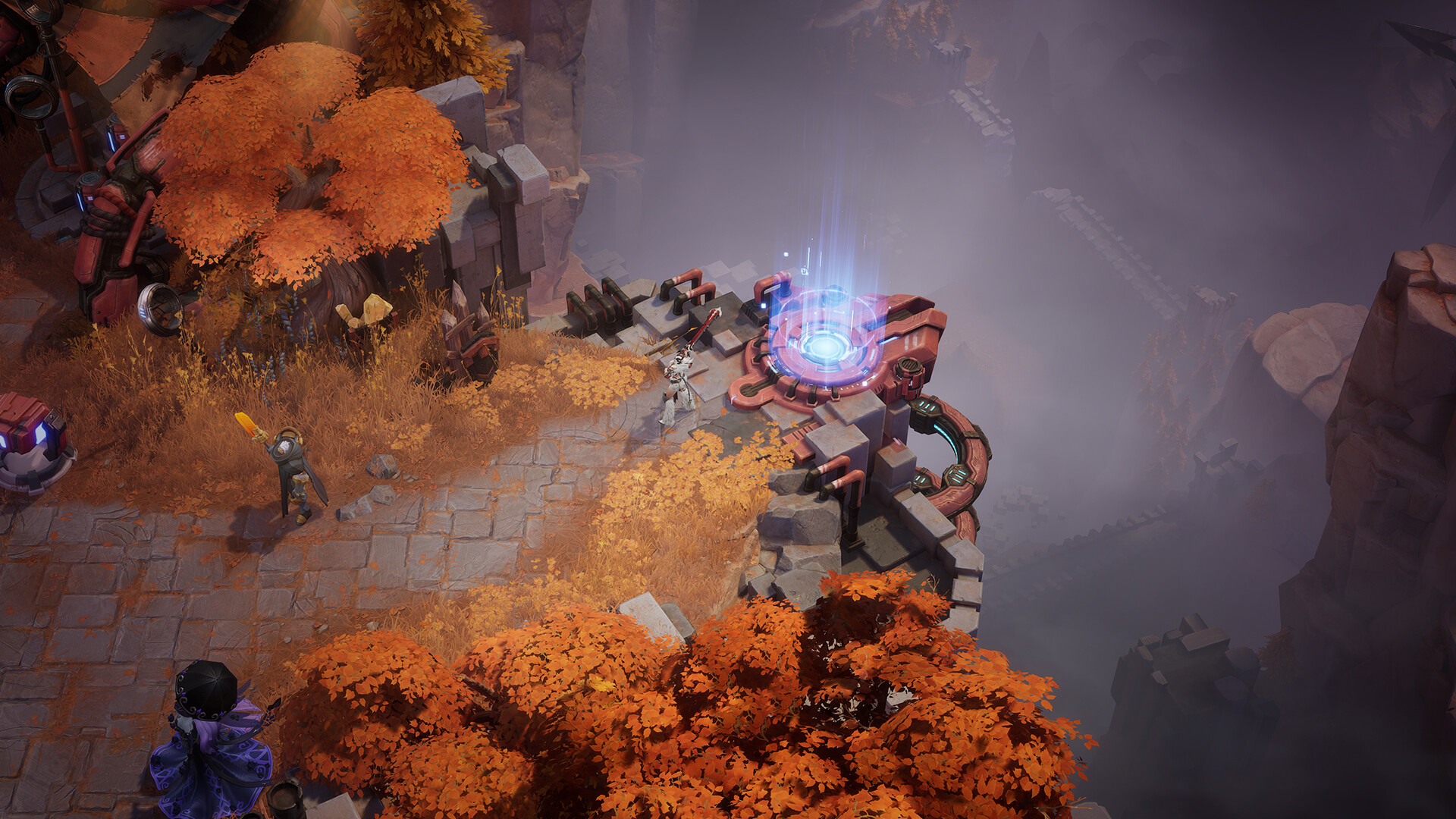 A character beside a glowing blue portal in an autumnal ruined landscape in Torchlight: Infinite.