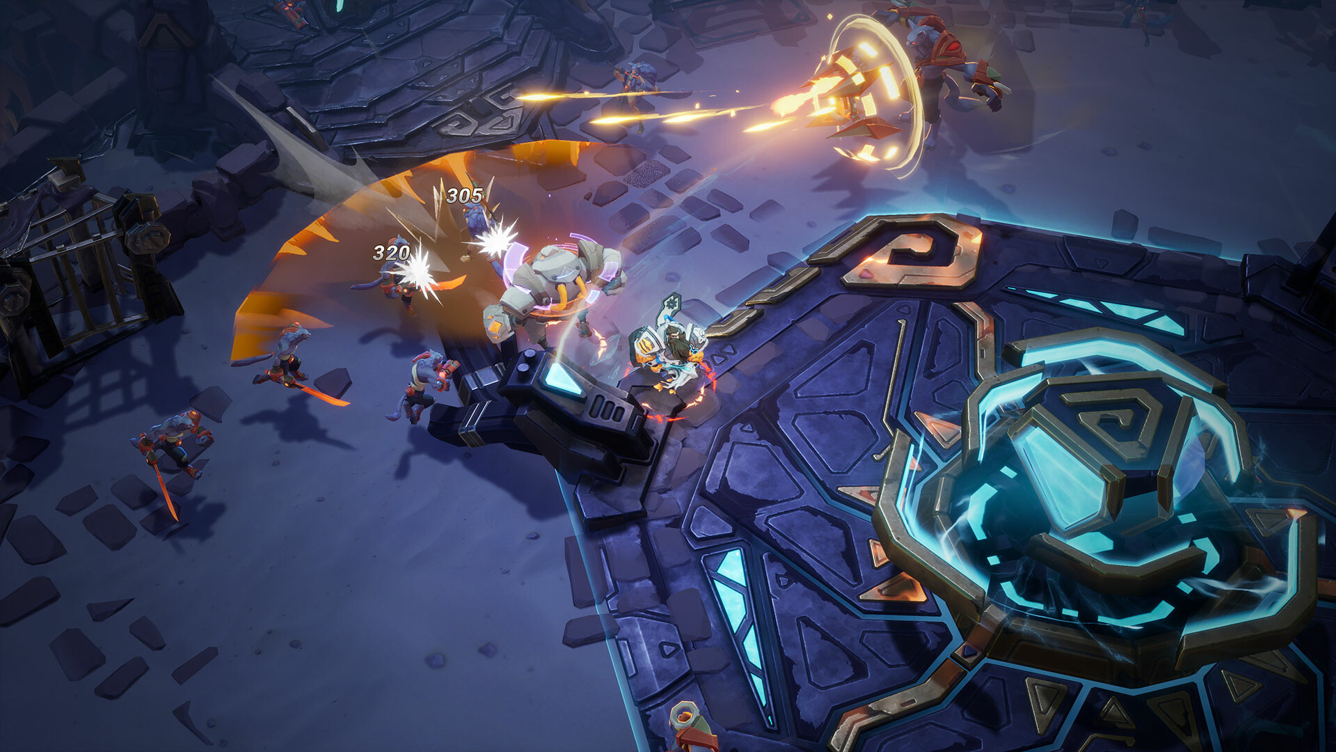 A character fights several enemies beside a glowing blue machine in Torchlight: Infinite.
